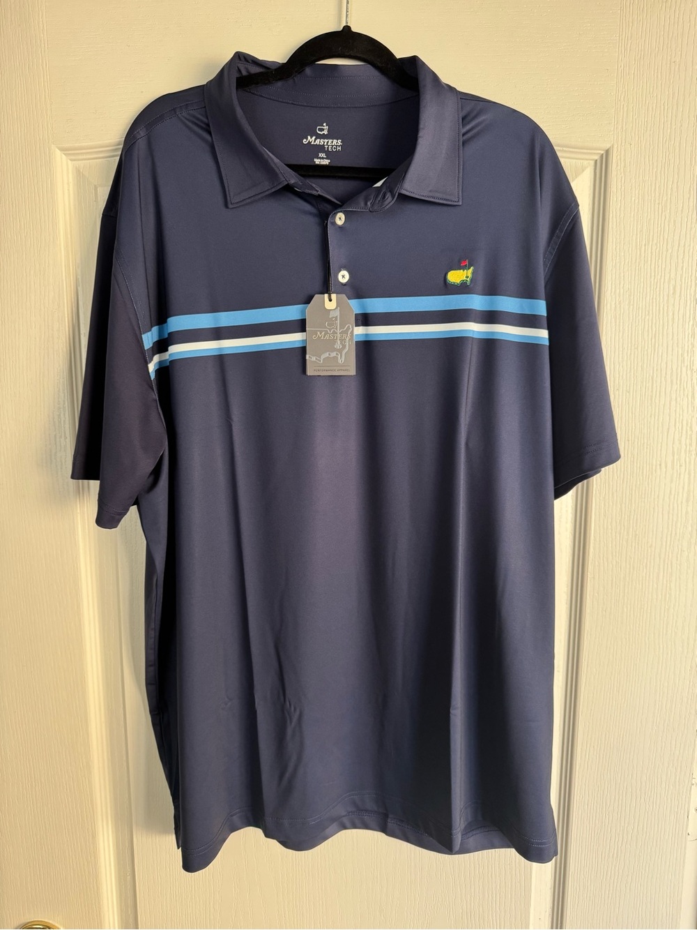 Masters Tech Navy Polo with Light Blue and White Stripes
